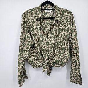 ba&sh Green Leaf Print Tie Front Button Down Blouse Size M